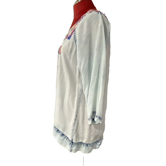 Soft Surroundings Work of Art Embroidered Blue Chambray Popover Blouse Top P/S - Picture 10 of 13